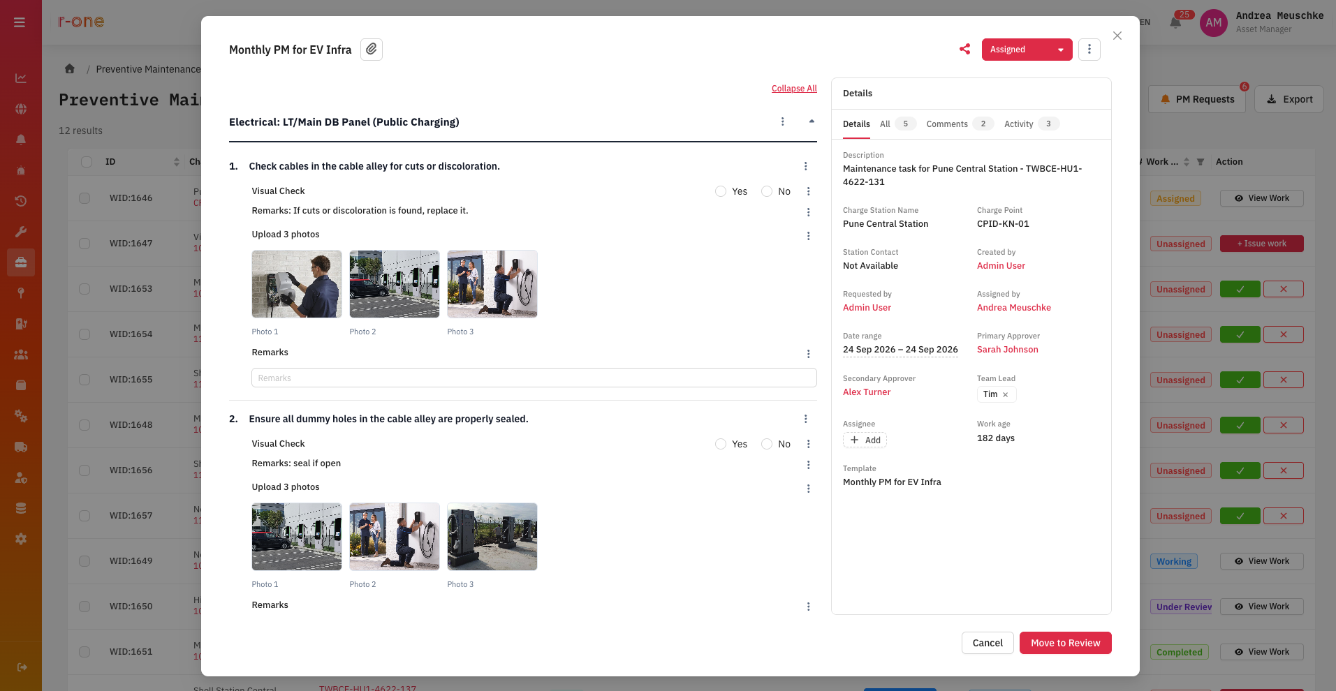 A monthly preventive maintenance work order in Iris R-One with its checklist, photos, assignee, approvers and comments