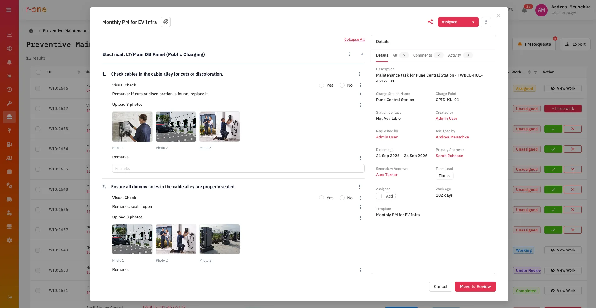 A monthly preventive maintenance work order in Iris R-One with its checklist, photos, assignee, approvers and comments