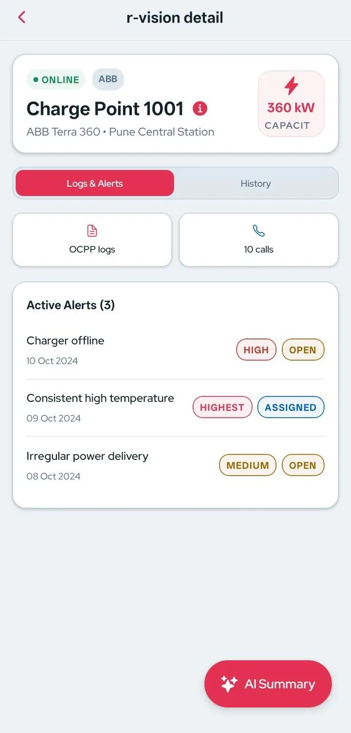 R-Vision in the R-One mobile app for Charge Point 1001, an ABB Terra 360 at Pune Central Station, shown online with three active alerts, OCPP logs and an AI summary button